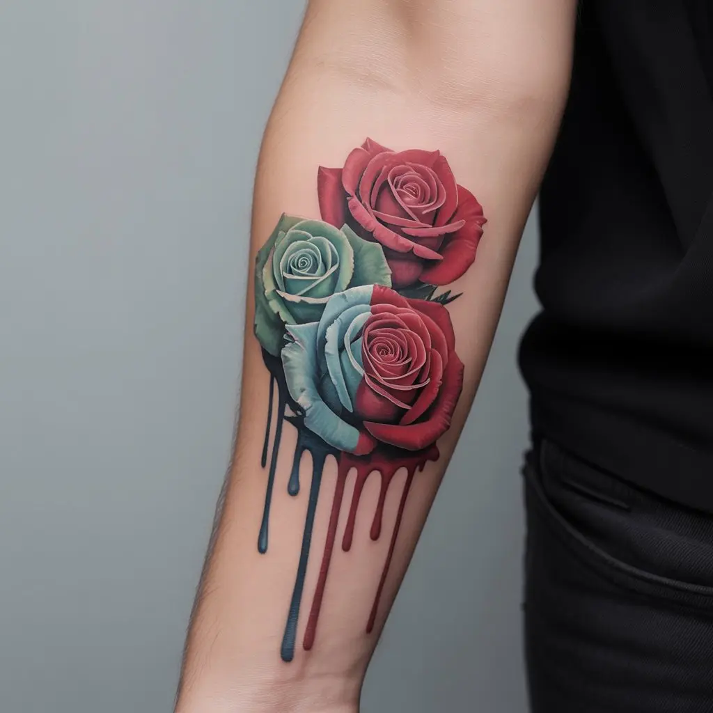 “Realistic Alice in Wonderland tattoo of roses half red, half dripping paint on forearm, black and red ink symbolizing transformation and rebellion.”