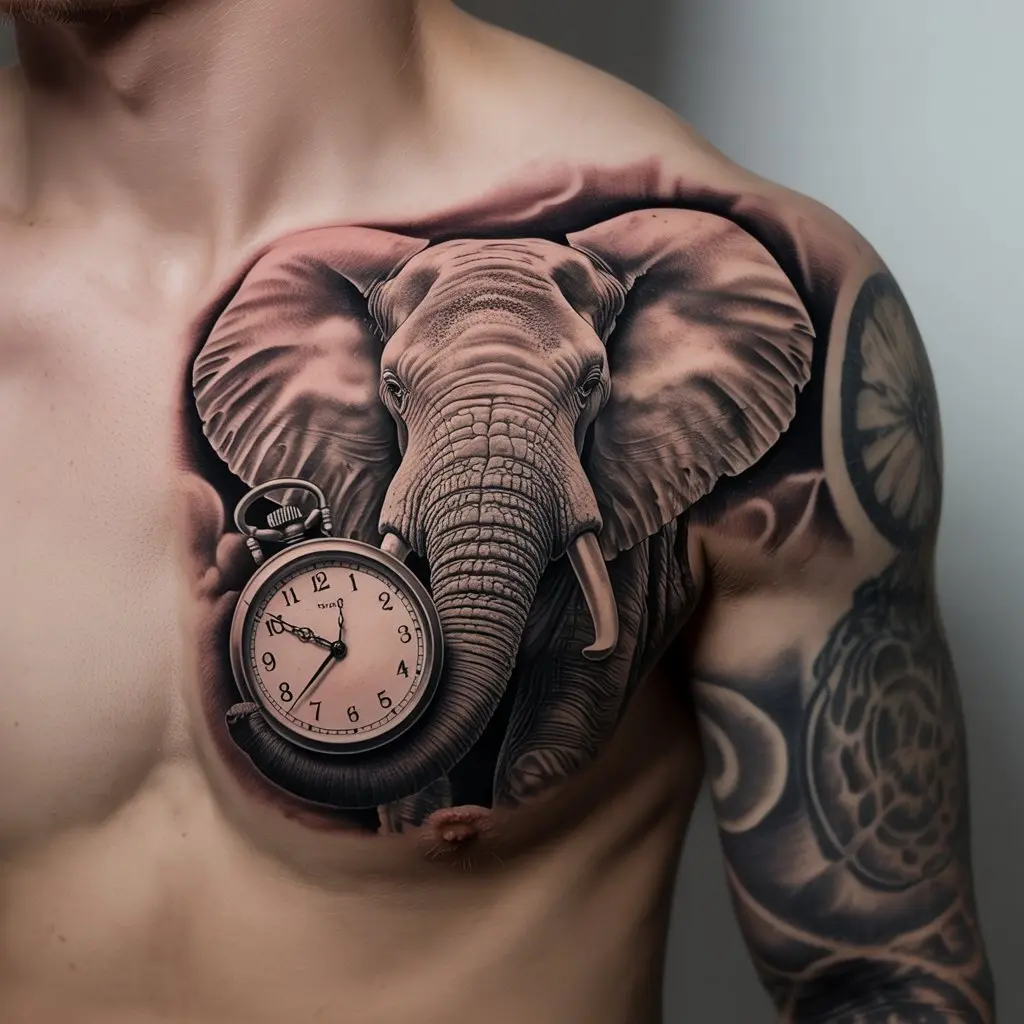 "Elephant tattoo with clock on chest, black and grey realistic elephant tattoos symbolizing patience, endurance, and timeless wisdom."
