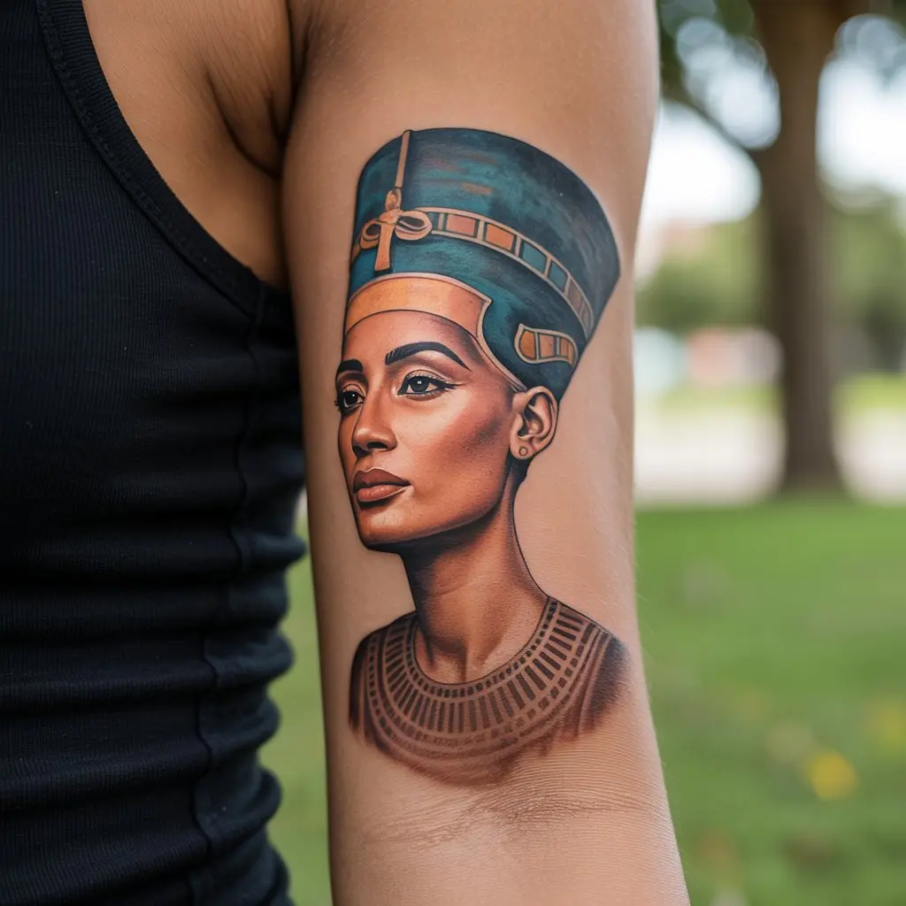 Black women tattoos – Queen Nefertiti portrait tattoo on forearm, symbolizing timeless beauty and African royal heritage.