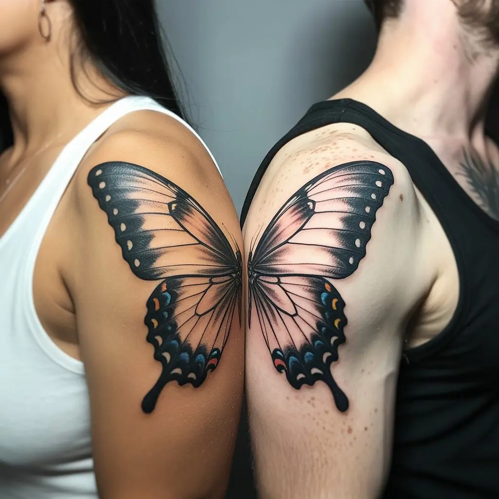 Butterfly Wing Matching Couple Tattoos – Butterfly wing matching couple tattoos on shoulder blades, forming a full butterfly when together. 