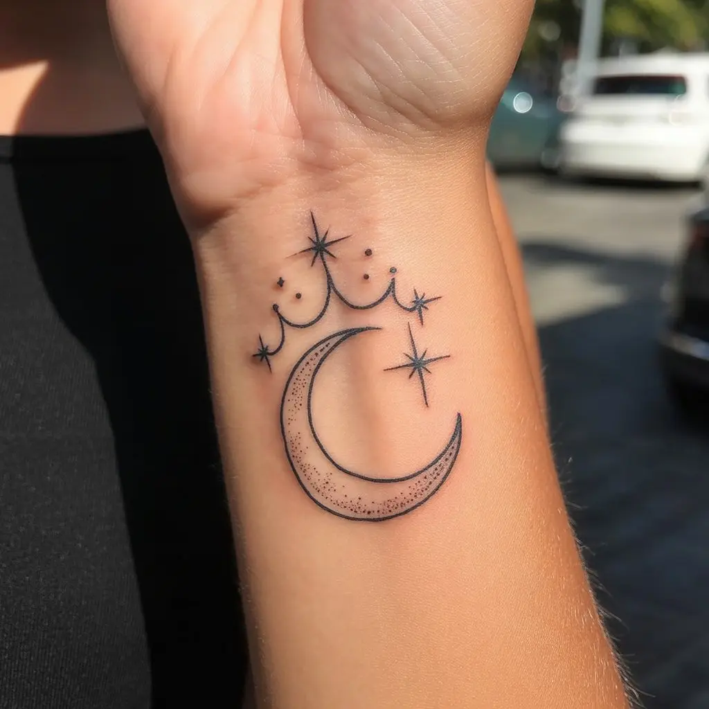 "Feminine power tattoo of a crescent moon with crown details representing growth and empowerment"

