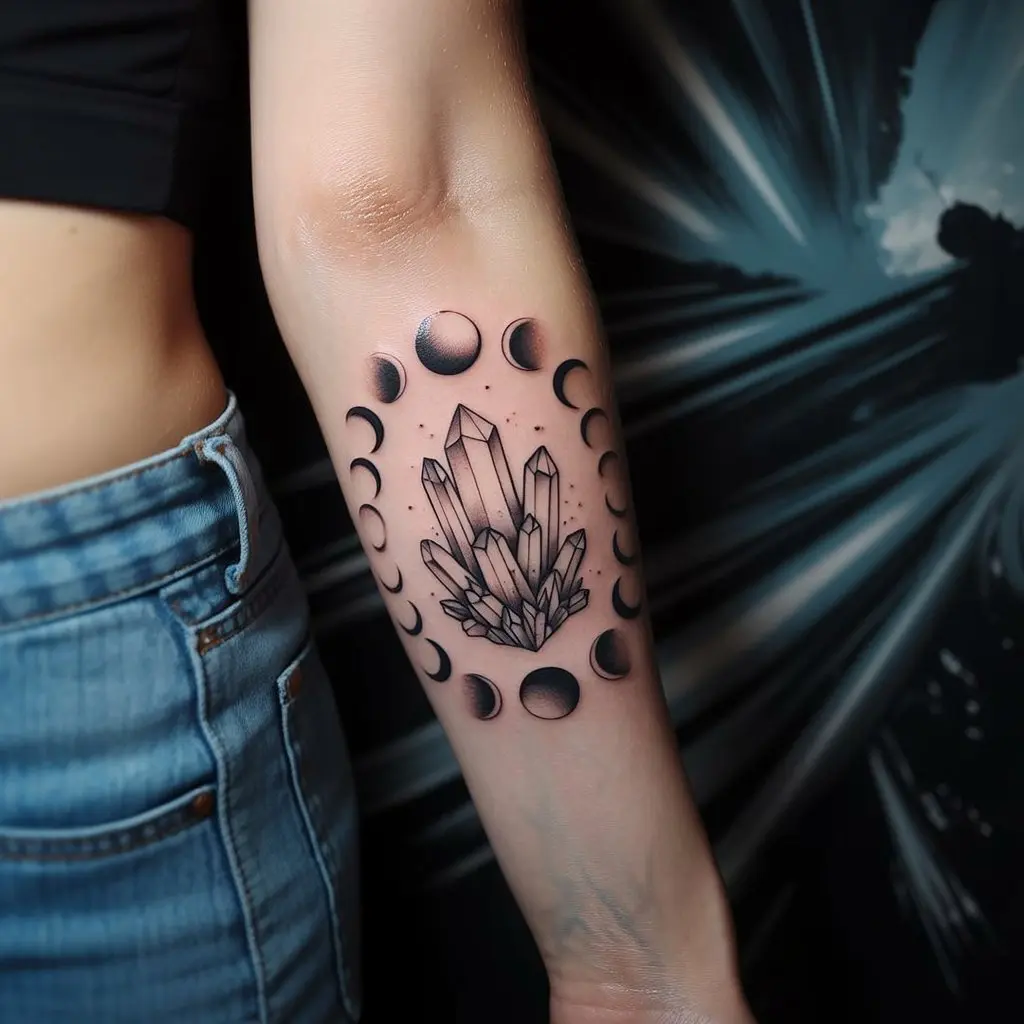 Forearm tattoo women – Crystal and moon phases forearm design with detailed shading

