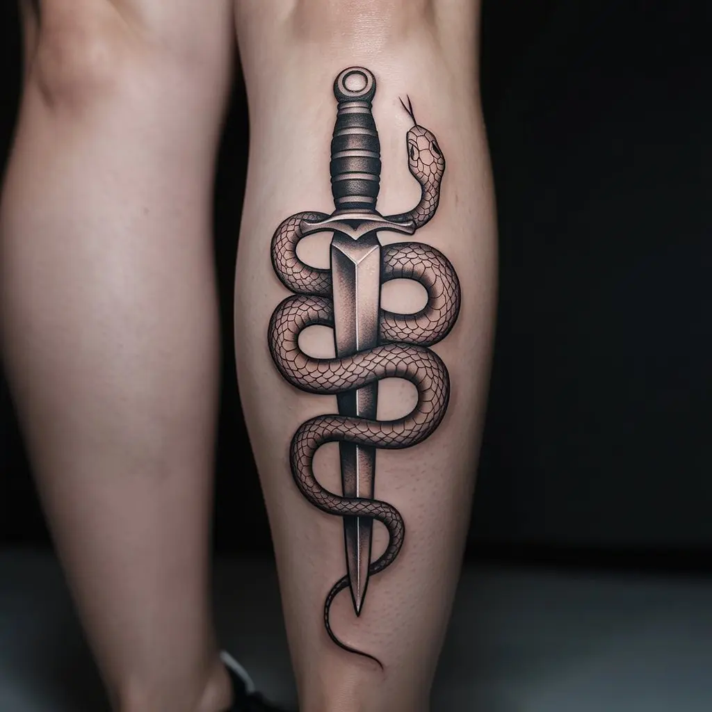 Snake and Dagger – leg tattoos women featuring a coiled snake wrapped around a dagger on the shin.

