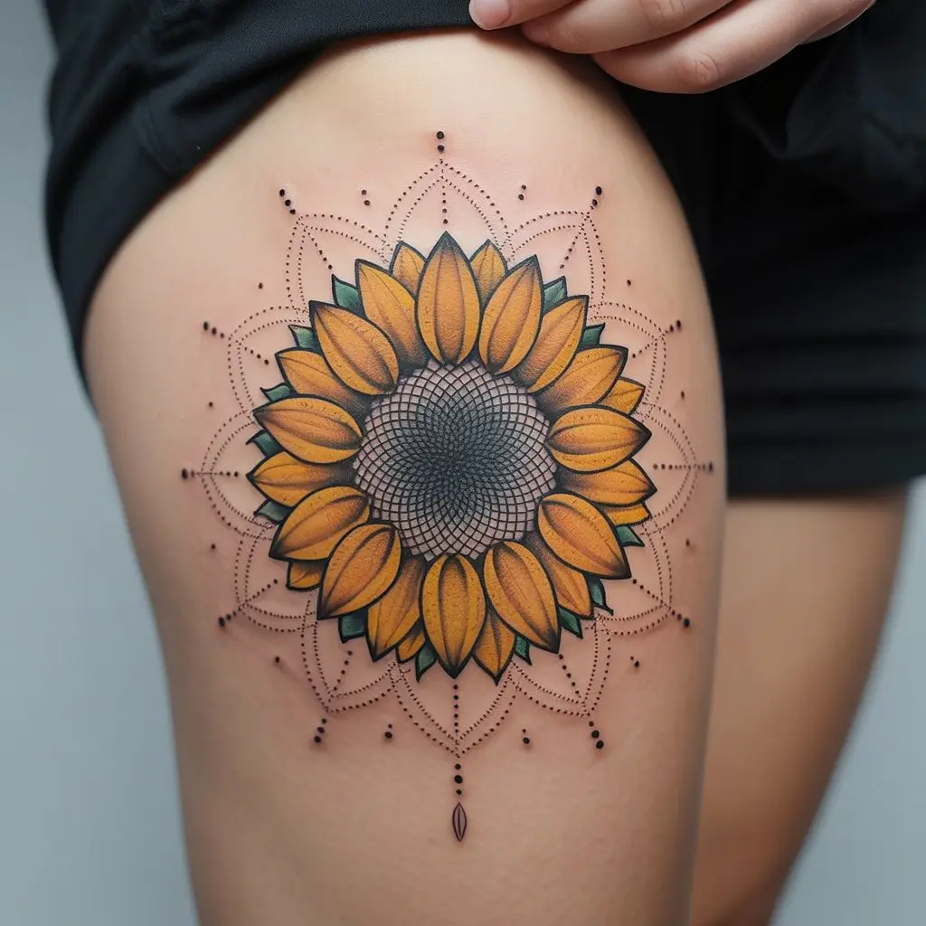 female tattoo ideas sunflower mandala warmth and positivity — Sunflower mandala tattoo on a woman’s thigh, yellow petal details.


