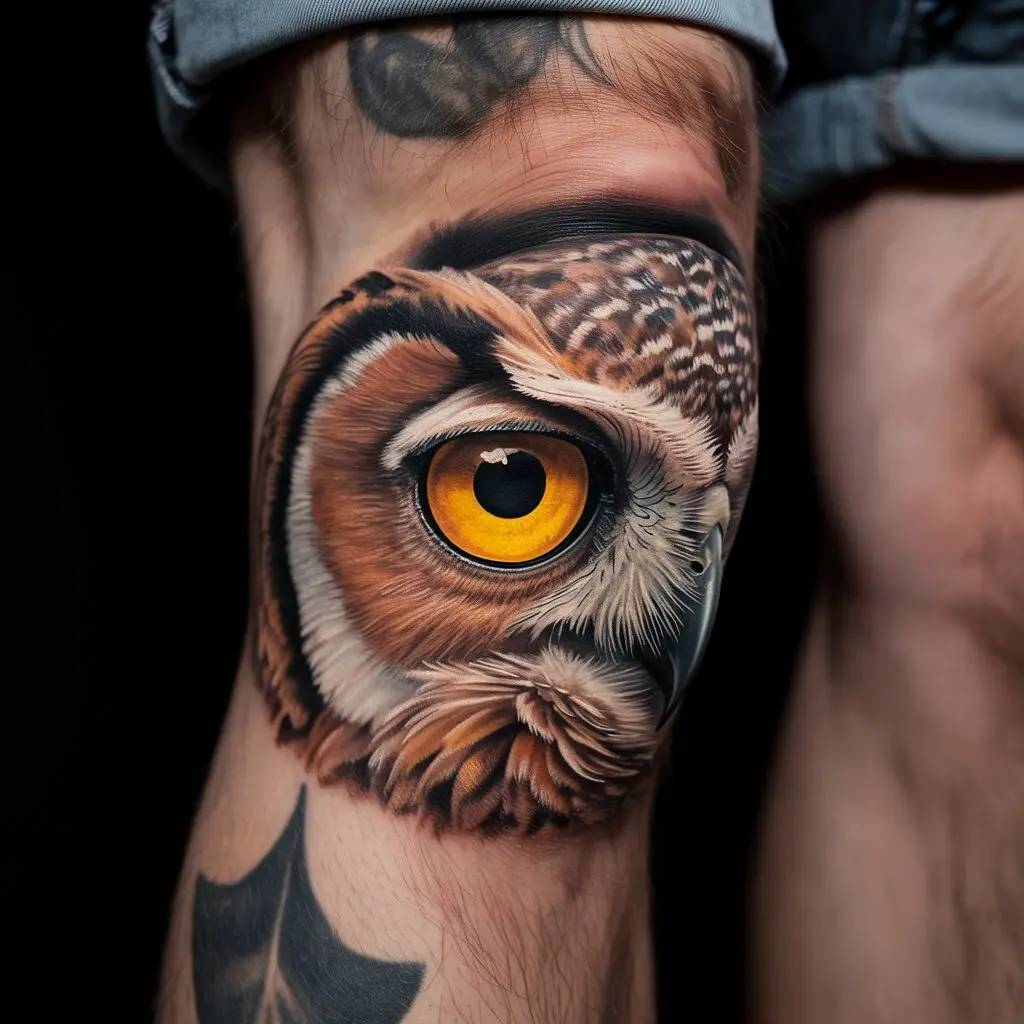 Owl eye knee cap tattoo with golden iris and feather details wrapping around the knee.

