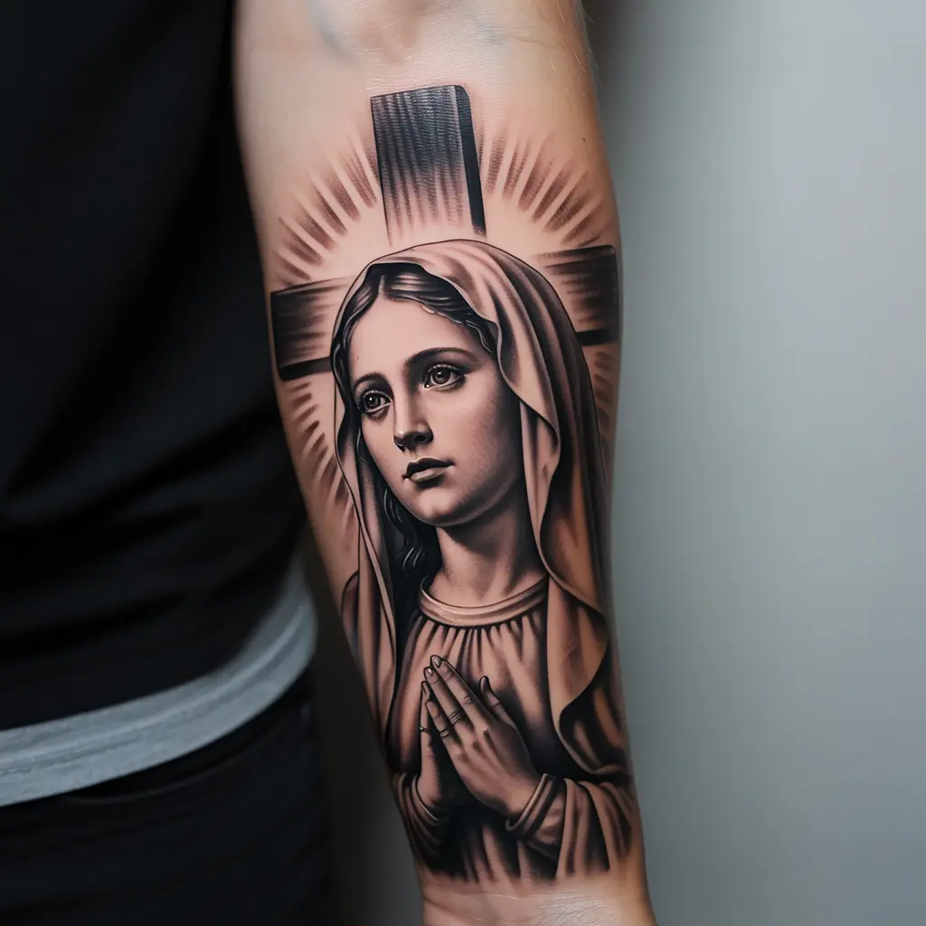 "Virgin Mary of the crossroads tattoo with cross design on forearm, detailed shading symbolizing resilience, faith, and spiritual strength."