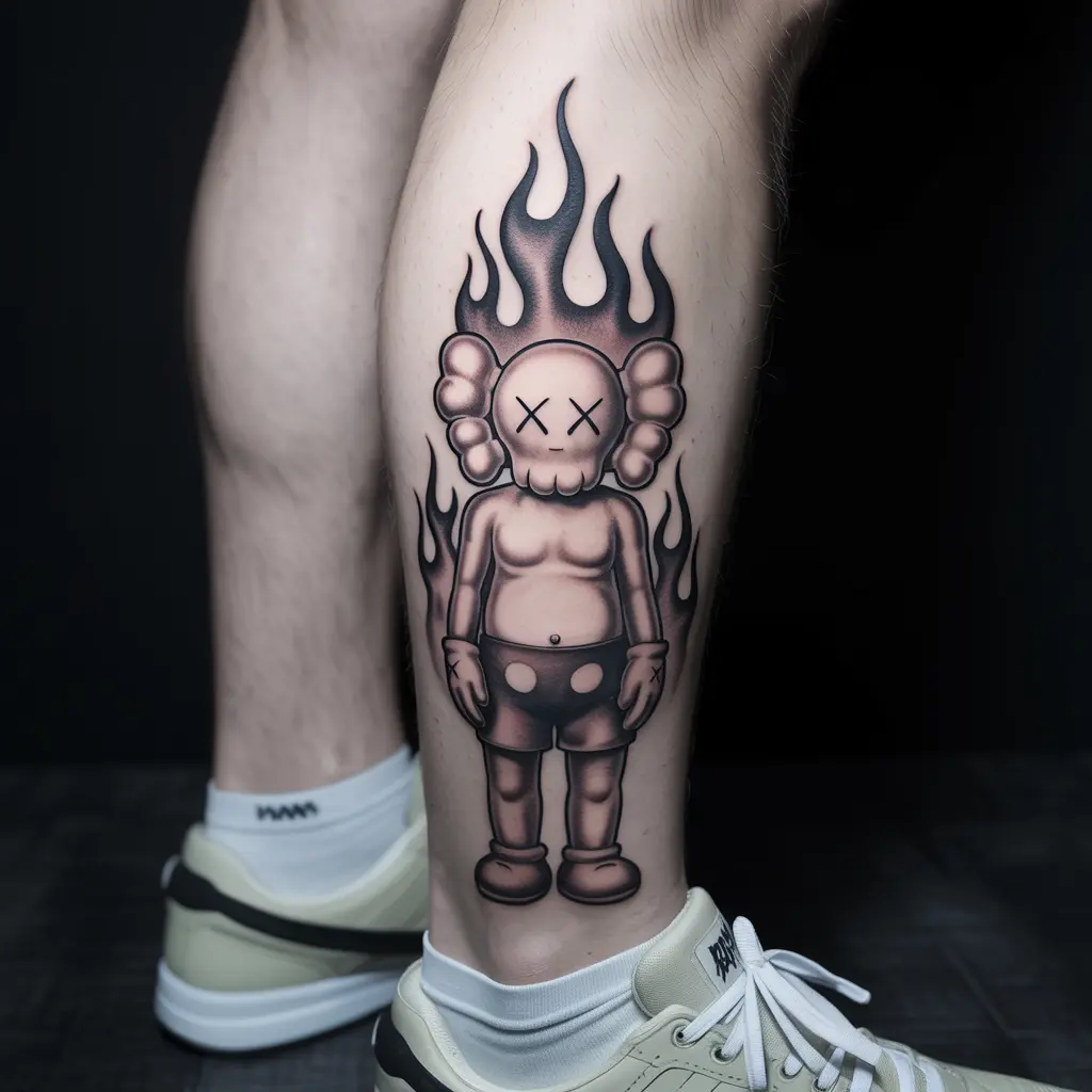 KAWS tattoo of a Companion surrounded by flames, calf design symbolizing passion, fire, and transformation.