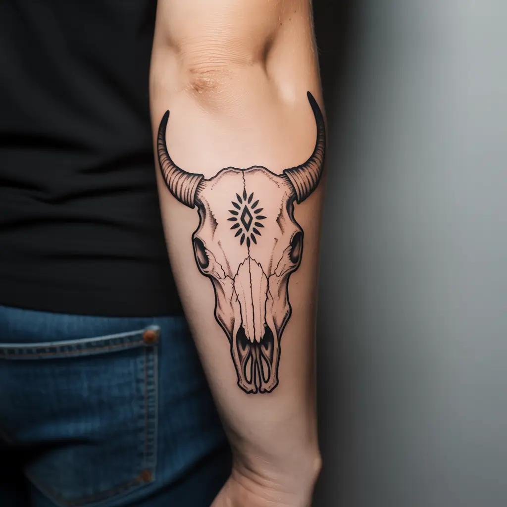 "Native-inspired cow skull tattoo with traditional patterns on forearm, symbolizing heritage, culture, and spiritual path."