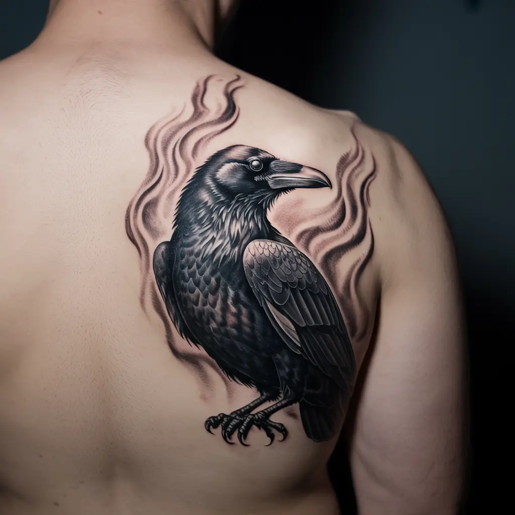 “Shoulder raven tattoo of a bird surrounded by ghostly flames, dramatic black and gray realism with rebirth symbolism.”