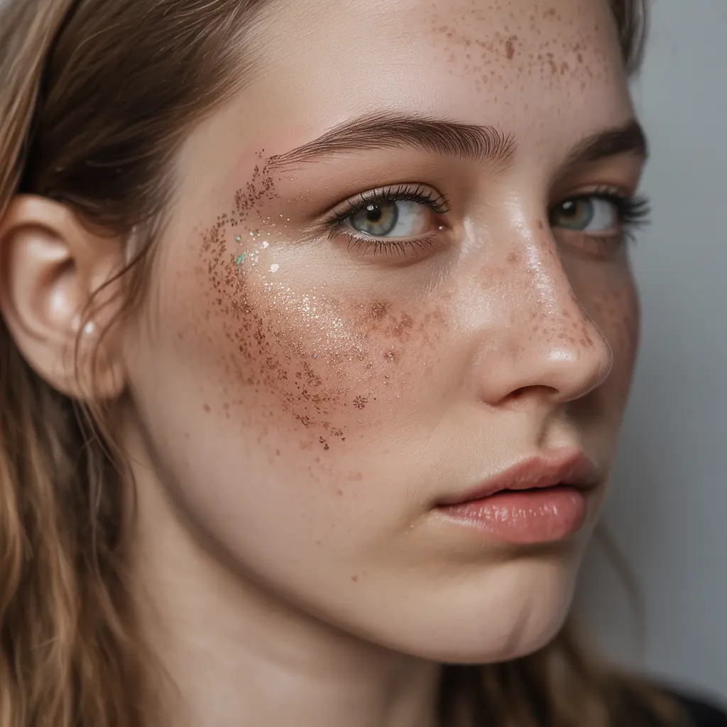 Sparkle Freckle Tattoo – Sparkle-inspired freckle tattoo with tiny starburst shapes among natural freckles.

