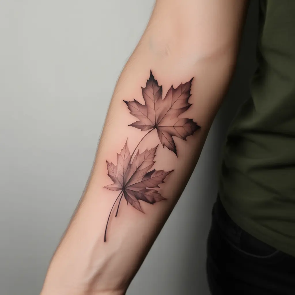 "Hazy Mornings & Maple Trails fall tattoo on forearm, misty watercolor maple leaves in autumn tones"
