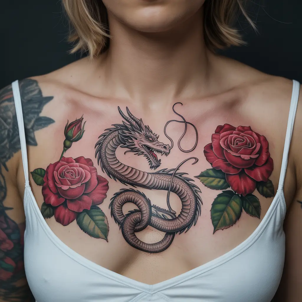 Dragon’s Bloom — Myth & Nature Intertwined
Dragon’s Bloom chest tattoo female with coiled dragon surrounded by blooming roses across the chest.