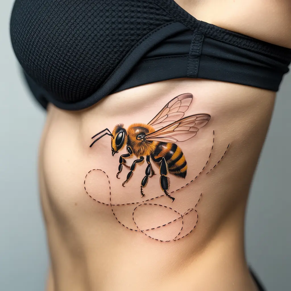 The Bee’s Sacred Dance
"The Bee’s Sacred Dance Honey Bee Tattoo on ribs with bee in flight and motion lines, symbolizing freedom and transformation."