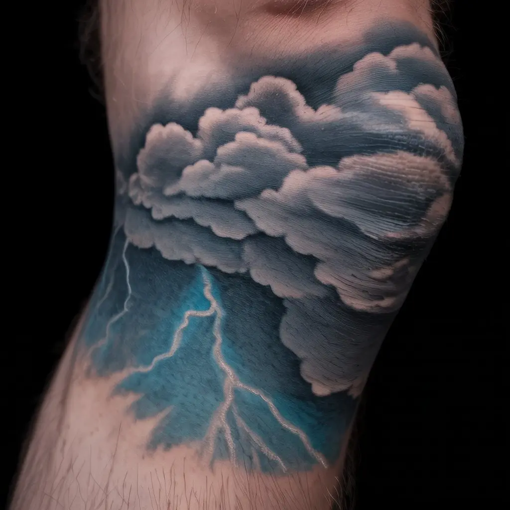 Storm cloud knee cap tattoo with grey clouds and subtle white lightning bolts.

