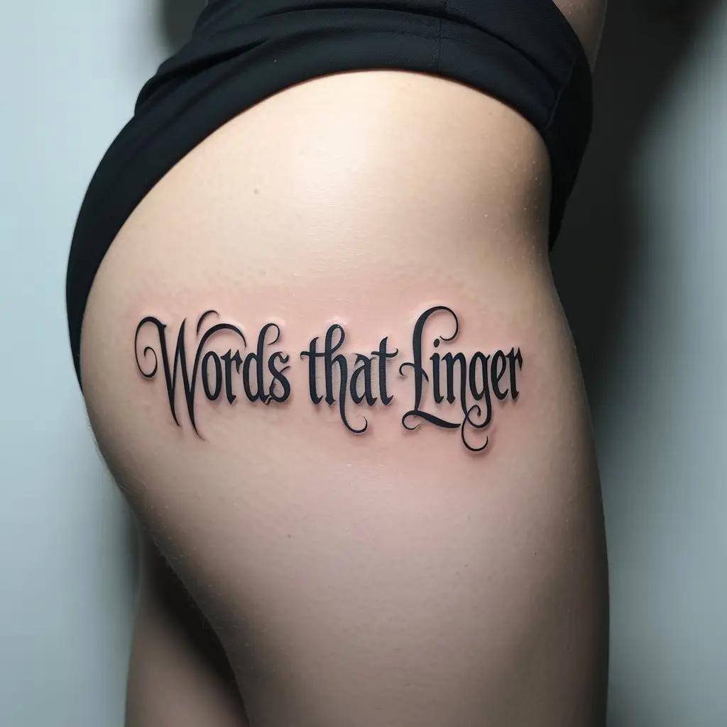 quote under thigh tattoos women, gothic script lettering tattoo design on thigh, meaningful word art tattoo