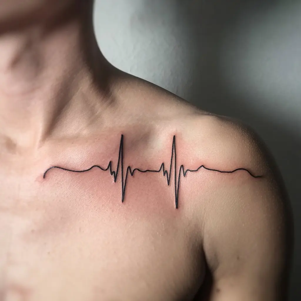 Heartbeat Horizon collar bone tattoo featuring an EKG line curving along the bone, symbolizing life and love.