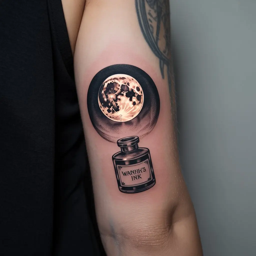 "Waning Moon Over Witch’s Ink Bottle whimsigoth tattoo with crescent moon and vintage ink bottle on arm"
