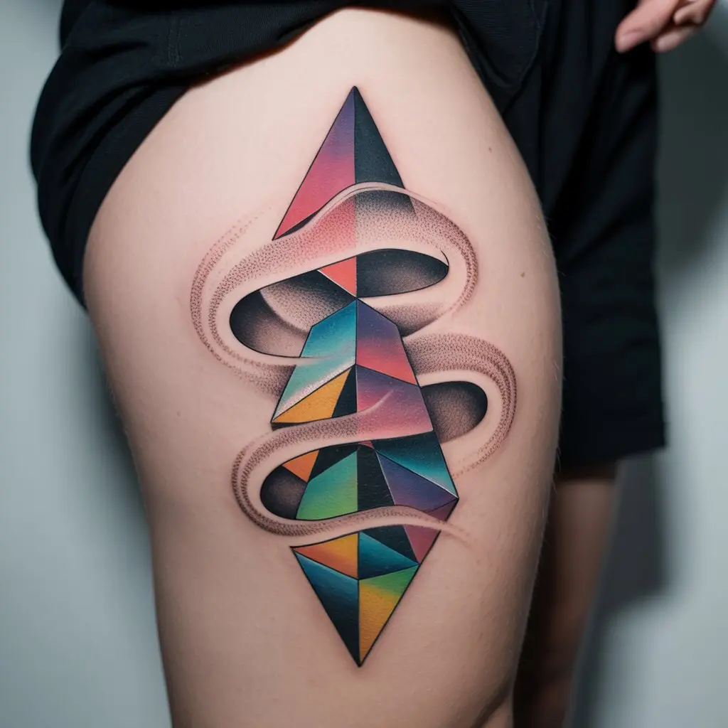 "Abstract tattoo designs — mystic prism flow tattoo on thigh with abstract prism-like flowing geometry."