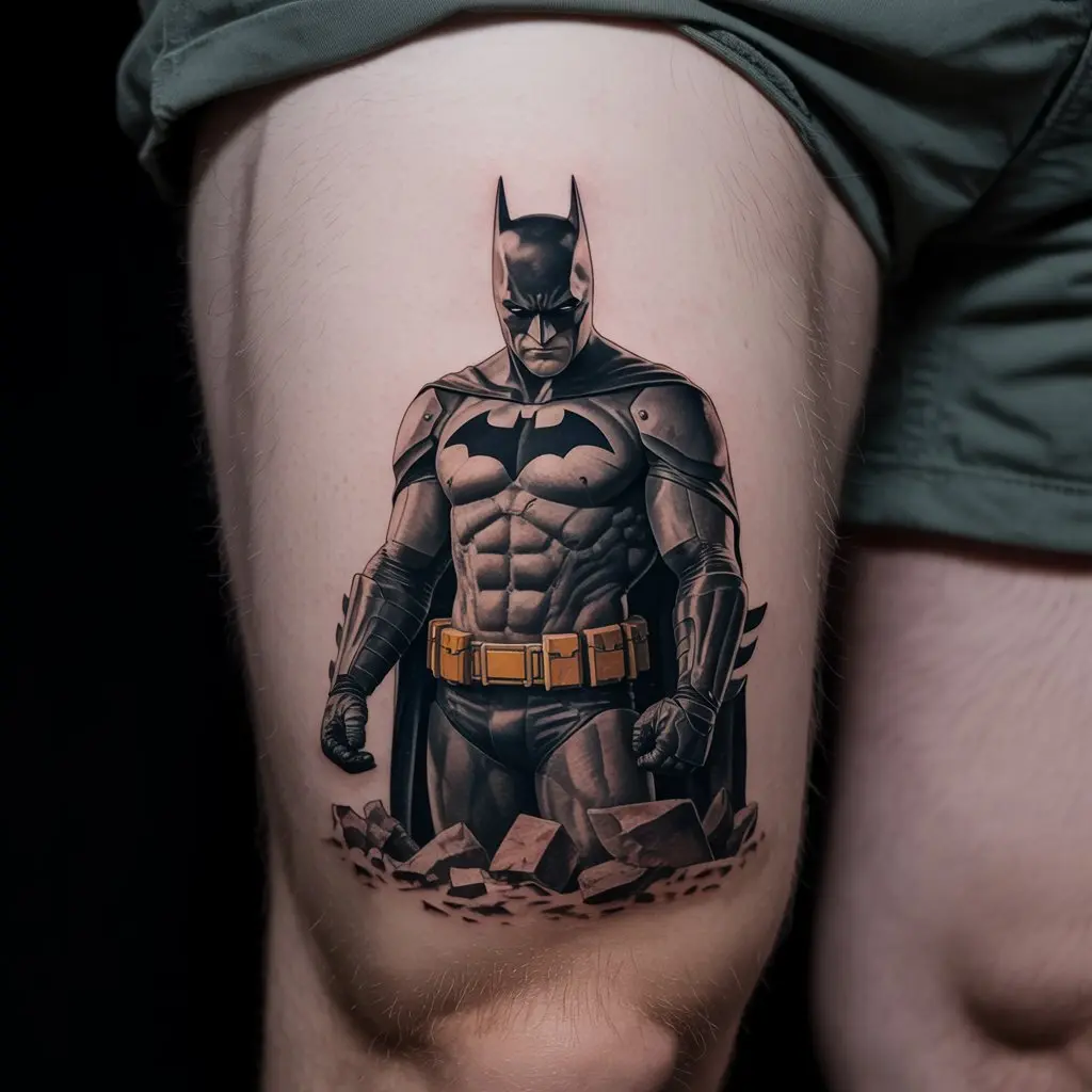 “Thigh Batman tattoo of the Dark Knight rising from broken rubble, symbolizing renewal, strength, and resilience.”
