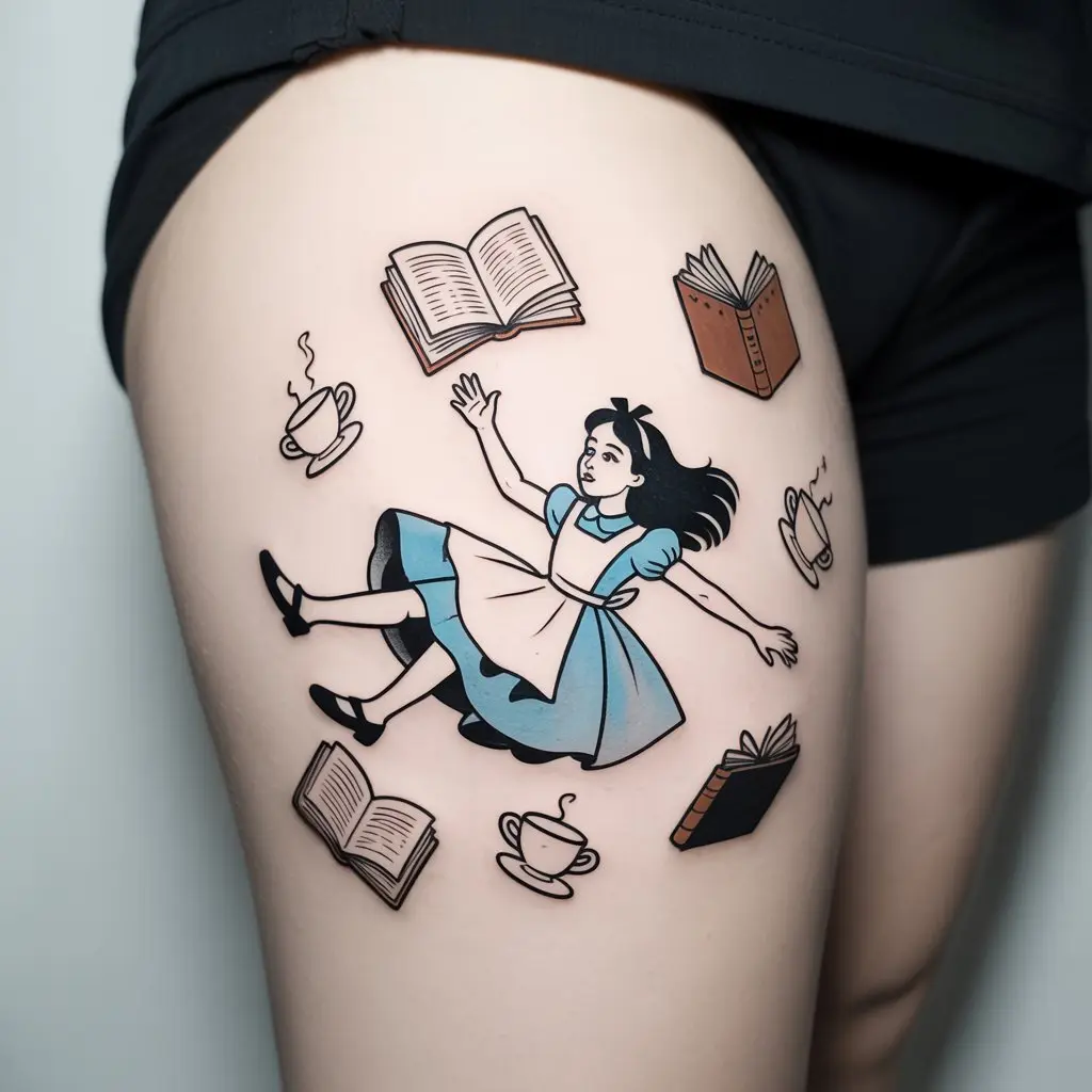 “Detailed Alice in Wonderland tattoo of Alice falling with books, teacups, and cards on thigh, realistic ink design symbolizing curiosity and discovery.”