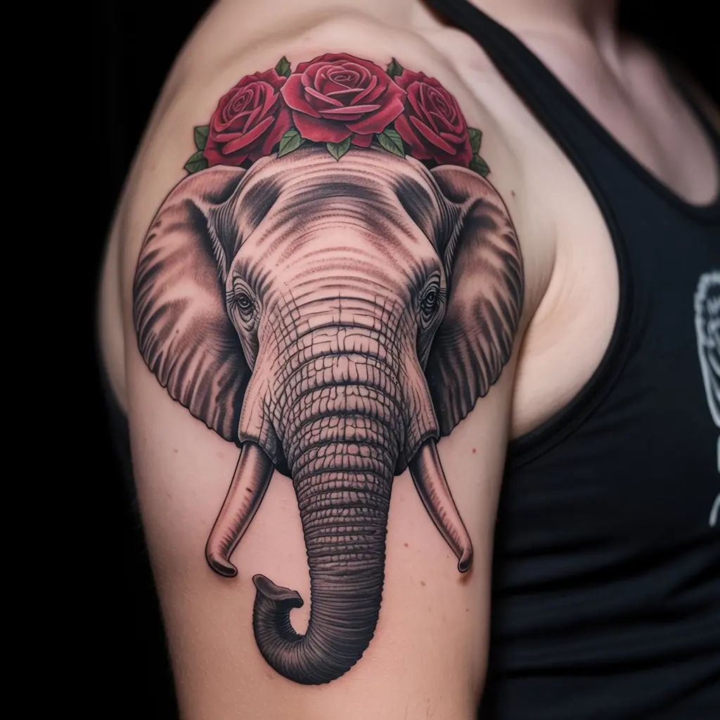 "Elephant tattoo with rose crown on shoulder blade, elegant elephant tattoos with floral designs representing grace, compassion, and majesty."