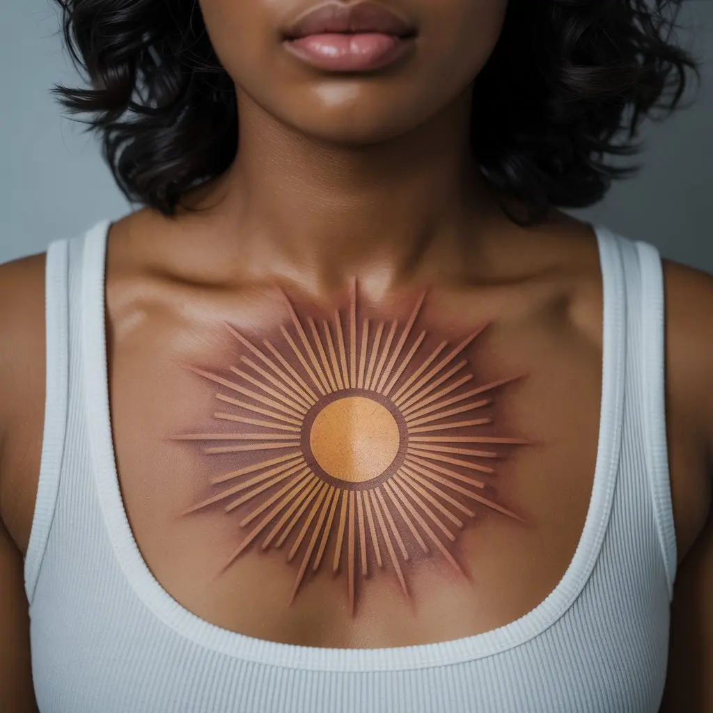 Black women tattoos – golden sunburst tattoo on sternum, radiating warmth and inner light on dark skin. 