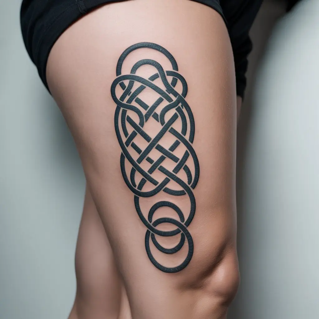 Celtic Knotwork – leg tattoos women with intricate blackwork knot patterns spiraling up the leg.

