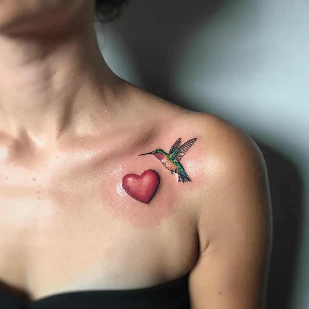 "Feminine power tattoo of a hummingbird above a heart symbolizing joy, love, and determination"

