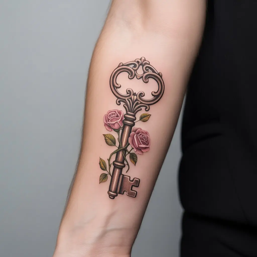 female tattoo ideas magic key with flowers unlocking life’s secrets — Vintage key with roses tattoo on a woman’s forearm.

