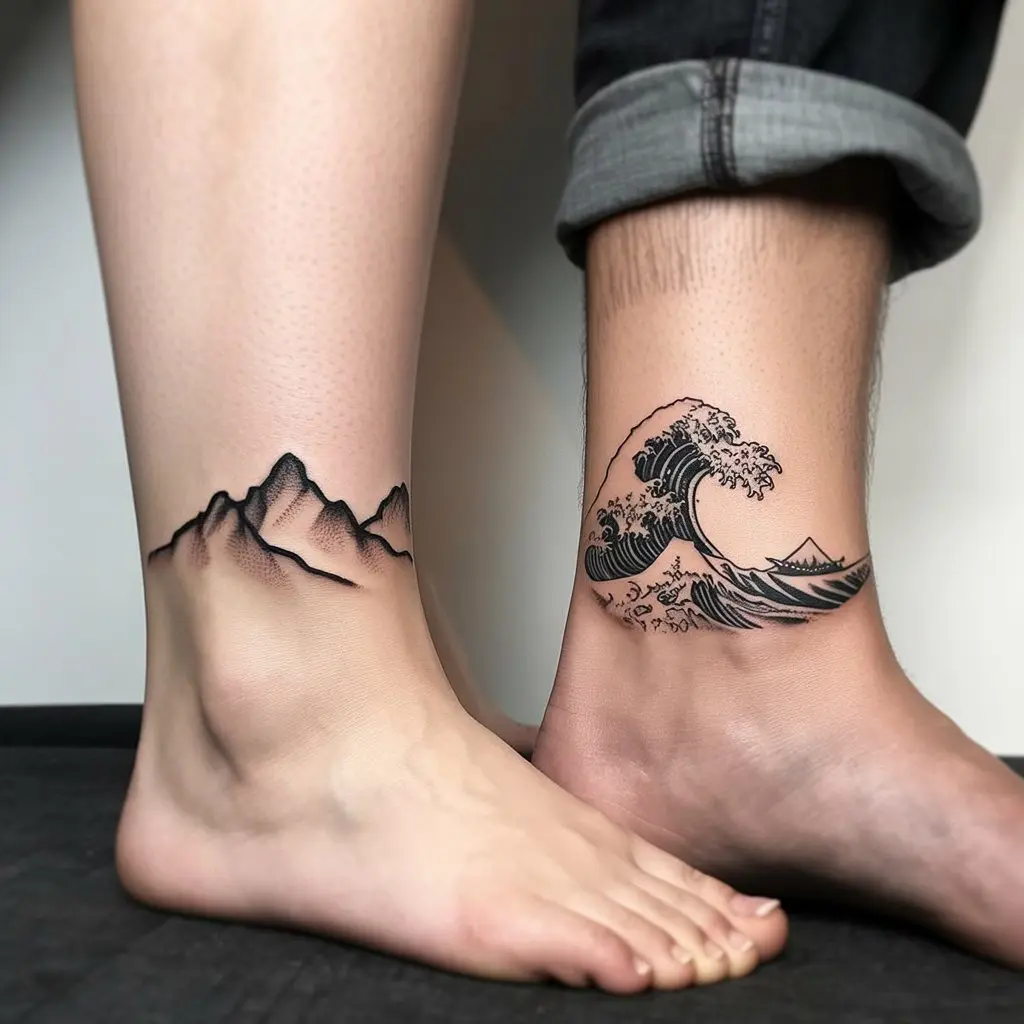 Mountain and Wave Matching Couple Tattoos – Mountain and wave matching couple tattoos on ankles, nature-inspired couple design. 