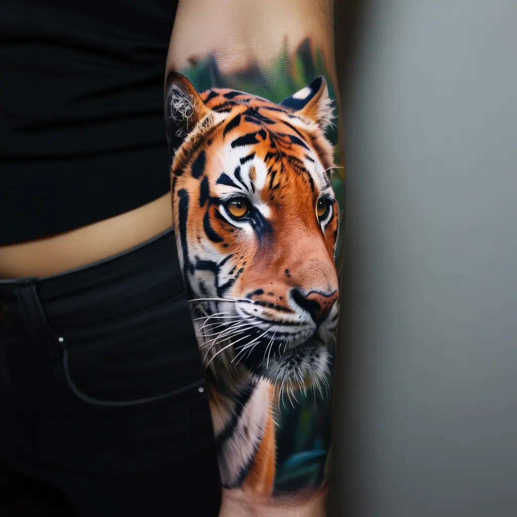 Forearm tattoo women – Tiger portrait forearm tattoo with lifelike fur and piercing eyes

