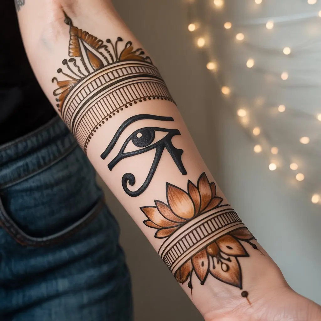 Egyptian-Inspired Henna Tattoos – Egyptian-inspired henna tattoo designs with Eye of Horus and lotus motifs.