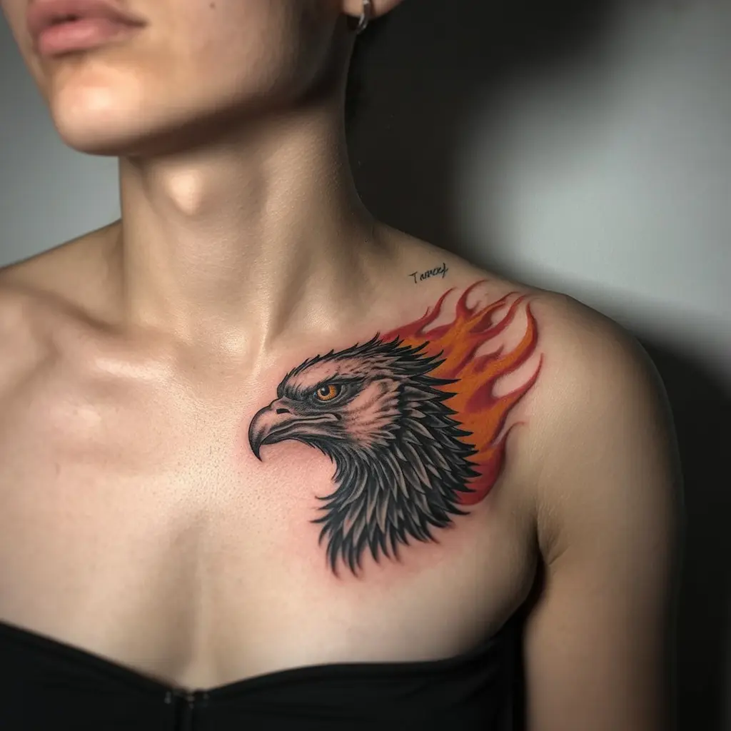 Phoenix Ember collar bone tattoo with a detailed phoenix head and flame design, symbolizing rebirth and strength.