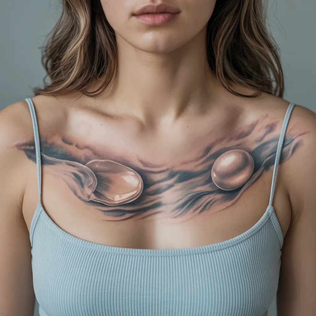 Pearl Mist — Soft Water-Inspired Chest Ink
Pearl Mist chest tattoo female with soft ocean waves and pearl-like shapes in light blue and grey tones.
