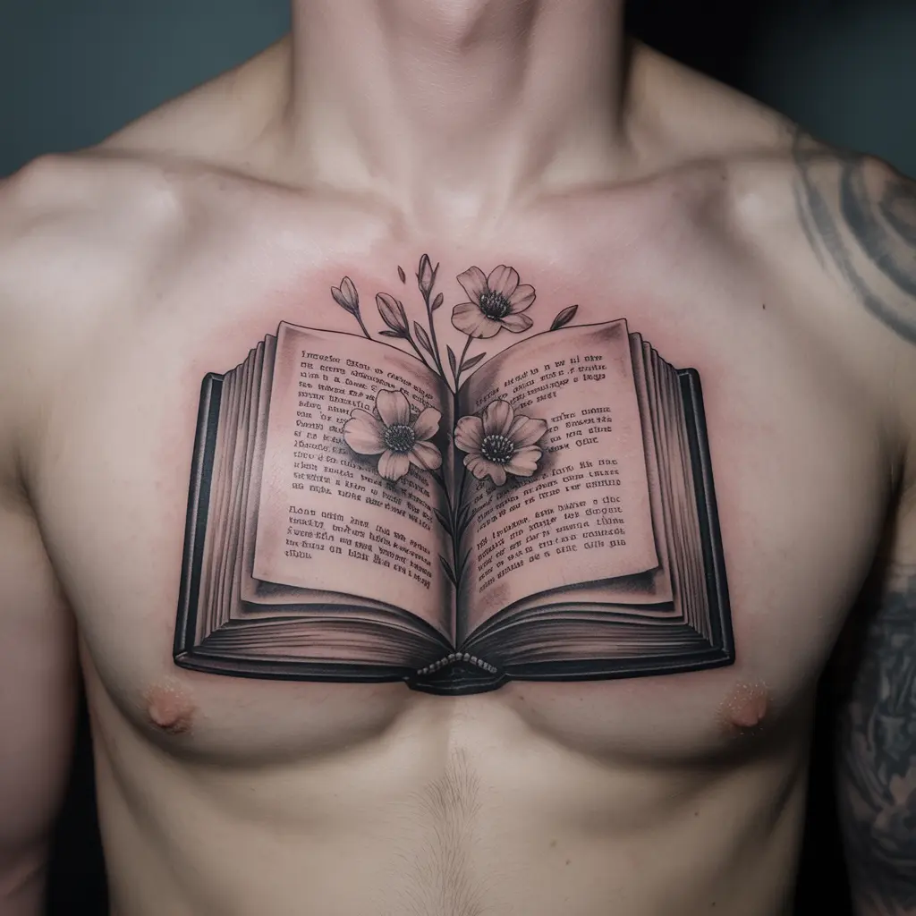 "Gothic Book with Blossoming Spells whimsigoth tattoo of spellbook with flowers on chest"