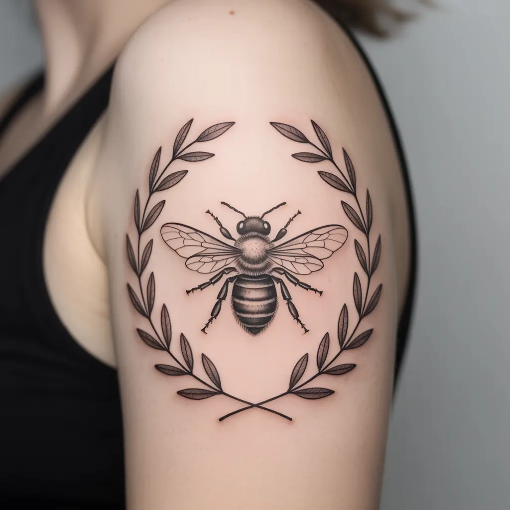 Messenger of Sweet Resilience
"Messenger of Sweet Resilience Honey Bee Tattoo on upper arm with bee framed by laurel leaves, symbol of triumph and strength."