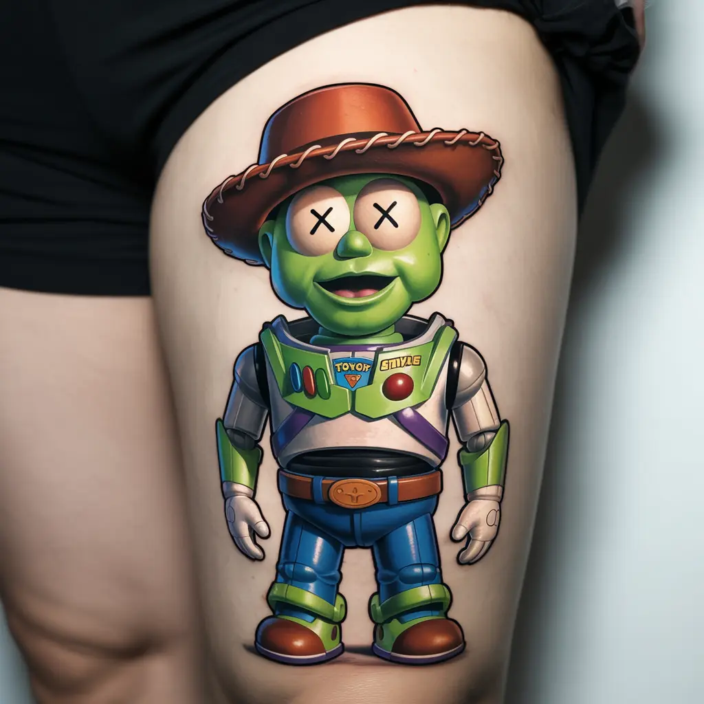 Colorful KAWS tattoo mashup with Toy Story characters, thigh design reimagining childhood memories in pop art style.