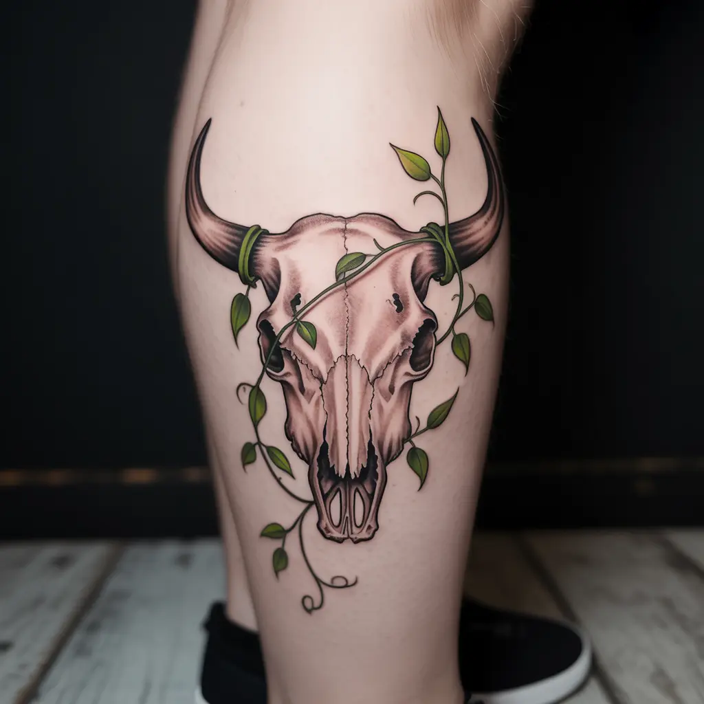 "Cow skull tattoo wrapped in vines on calf, symbolizing life, decay, and the natural cycle of growth."