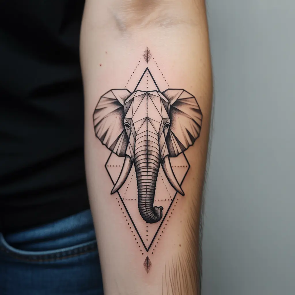 "Geometric prism elephant tattoo on forearm, modern black ink elephant tattoos with dot work and sharp lines symbolizing structure and balance."