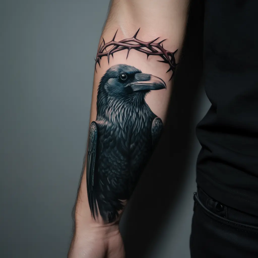 “Forearm sleeve raven tattoo entwined with a thorn crown, dark shading symbolizing sacrifice and endurance.”