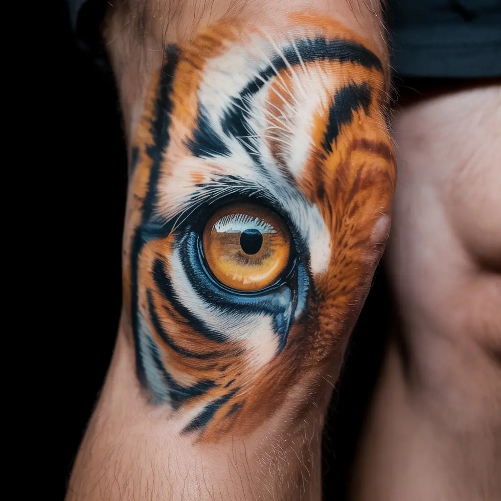Tiger eye knee cap tattoo with amber iris and detailed fur shading.


