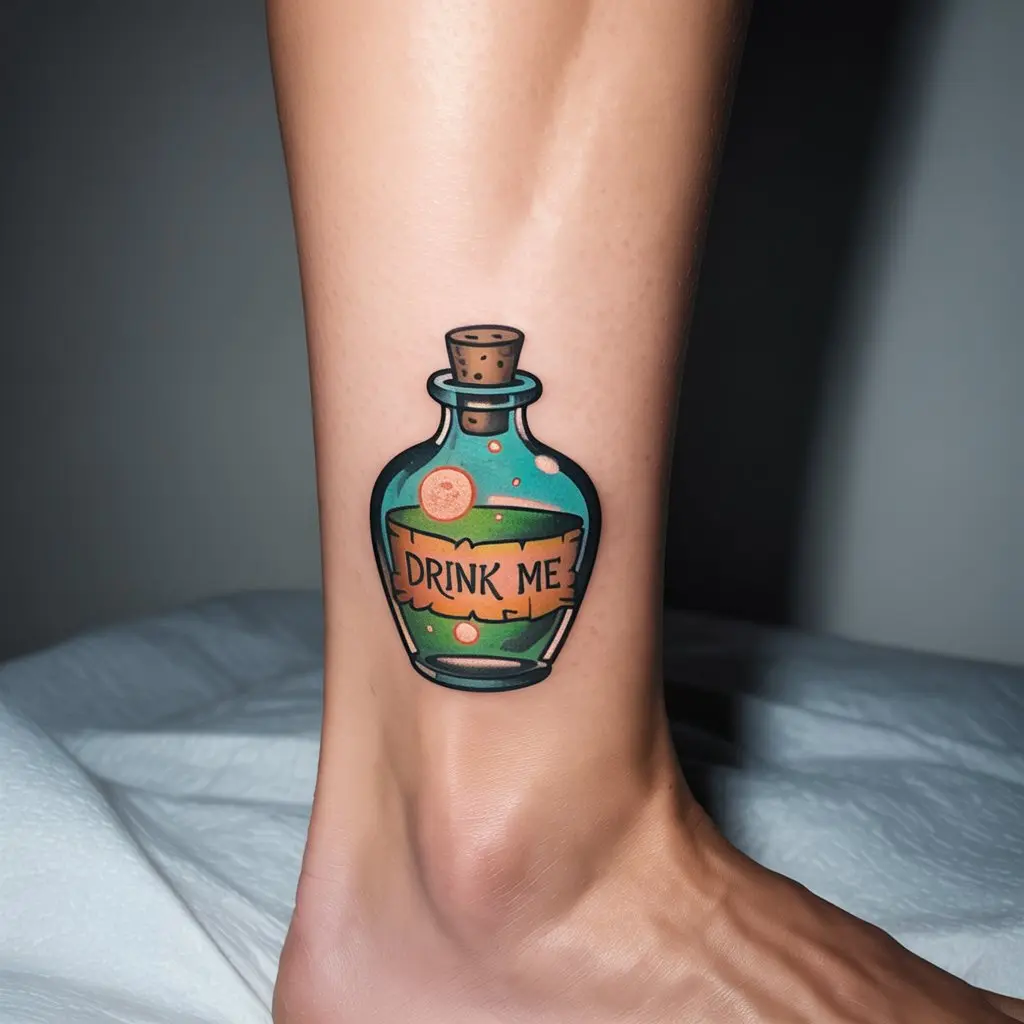 “Magical Alice in Wonderland tattoo of glowing ‘Drink Me’ potion bottle on ankle, colorful ink artwork representing self-discovery and transformation.”