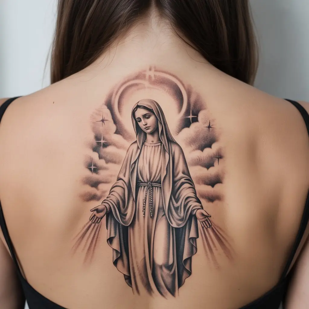 "Virgin Mary tattoo of celestial peace on upper back, surrounded by clouds and stars, realistic shading symbolizing serenity and divine calm."