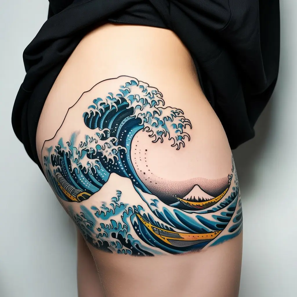 wave under thigh tattoos women, Japanese style ocean wave tattoo design on thigh, powerful and artistic body art
