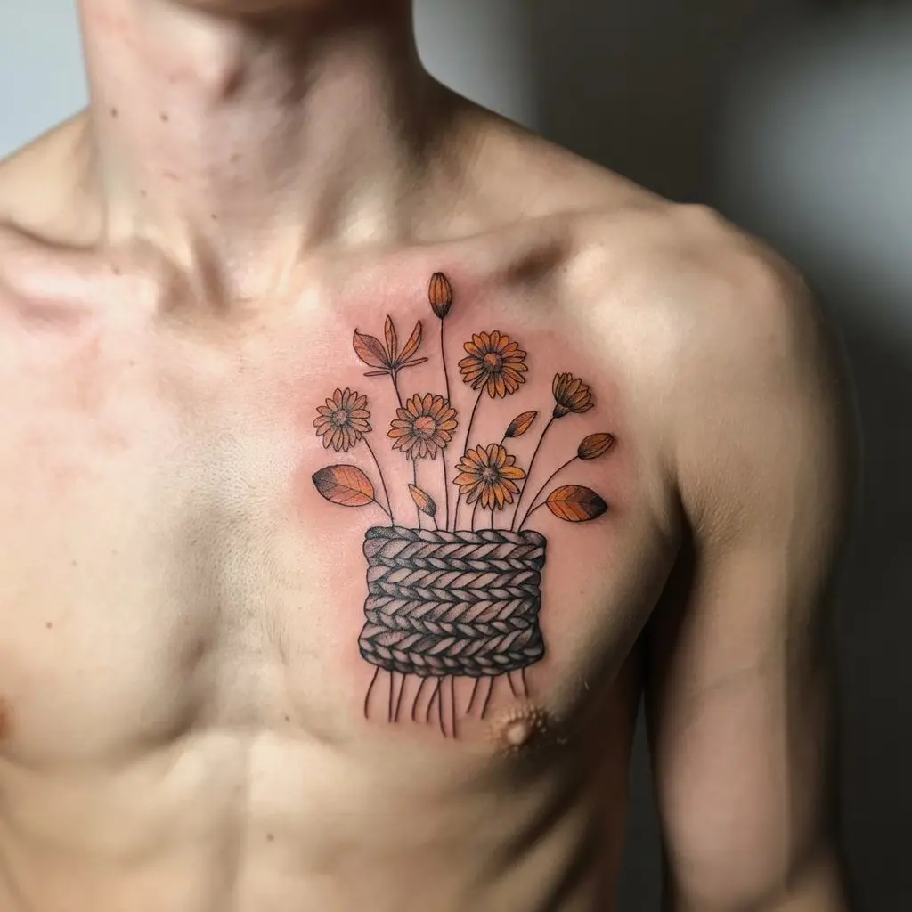 "Sweater Weather Blossom fall tattoo on upper chest, autumn flowers wrapped in a knitted sweater pattern"