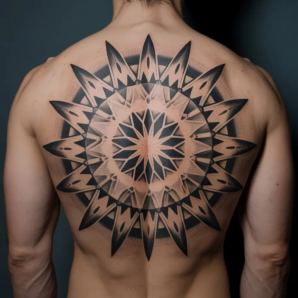 "Abstract tattoo designs — kaleidocore tattoo on back with kaleidoscope-inspired symmetrical patterns."