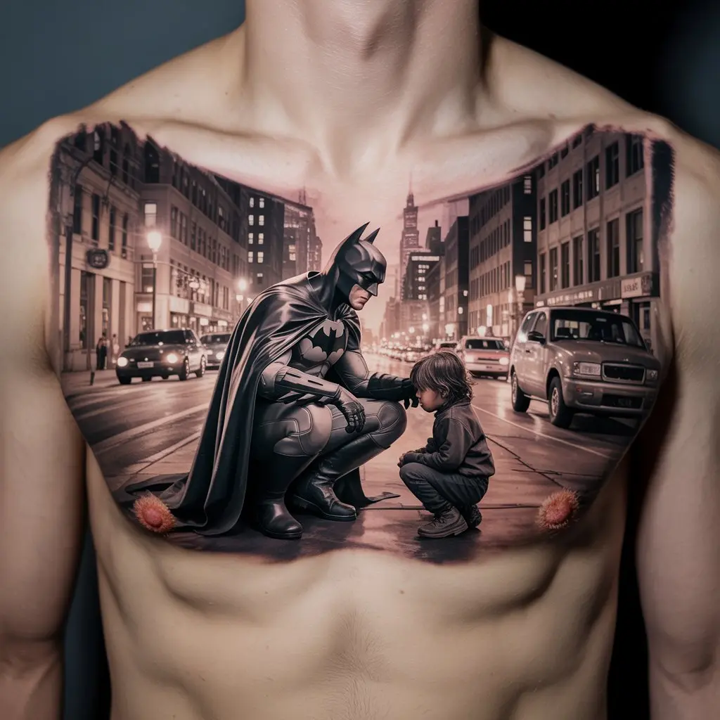 “Chest Batman tattoo of the Dark Knight kneeling beside a child, showing compassion and protection for the helpless.”