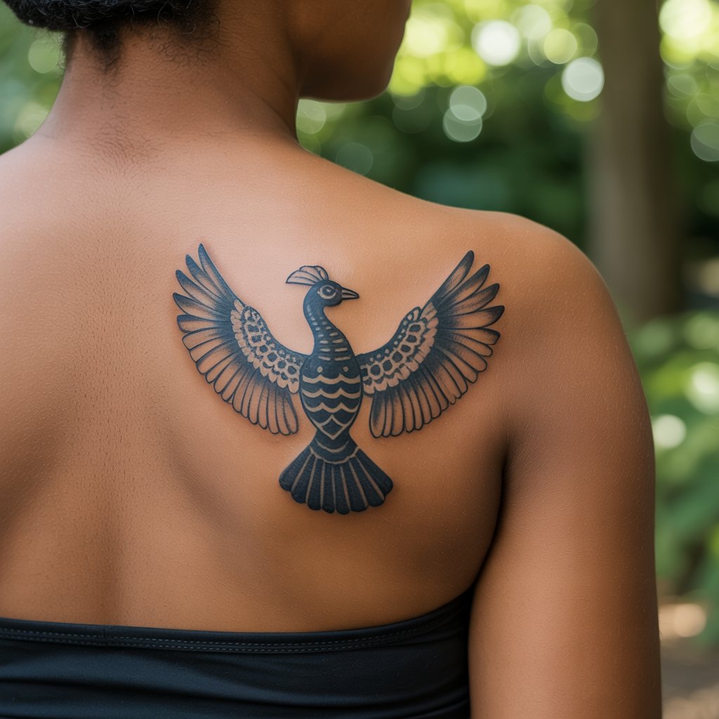 Black women tattoos – Sankofa bird tattoo on upper back, symbolizing wisdom and returning to African roots in realistic style. 