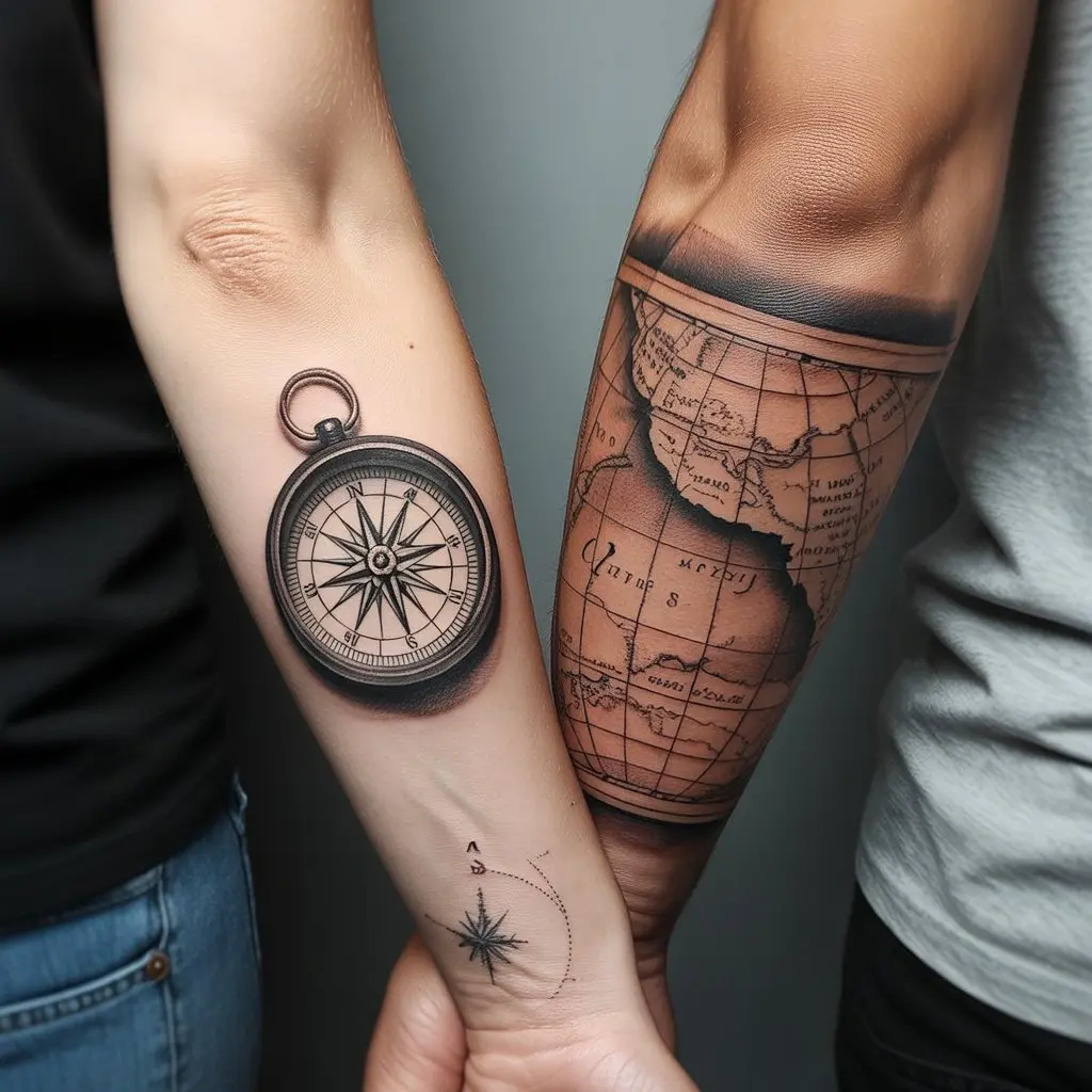 Compass and Map Matching Couple Tattoos – Compass and map matching couple tattoos on forearms, adventure and travel theme ink. 