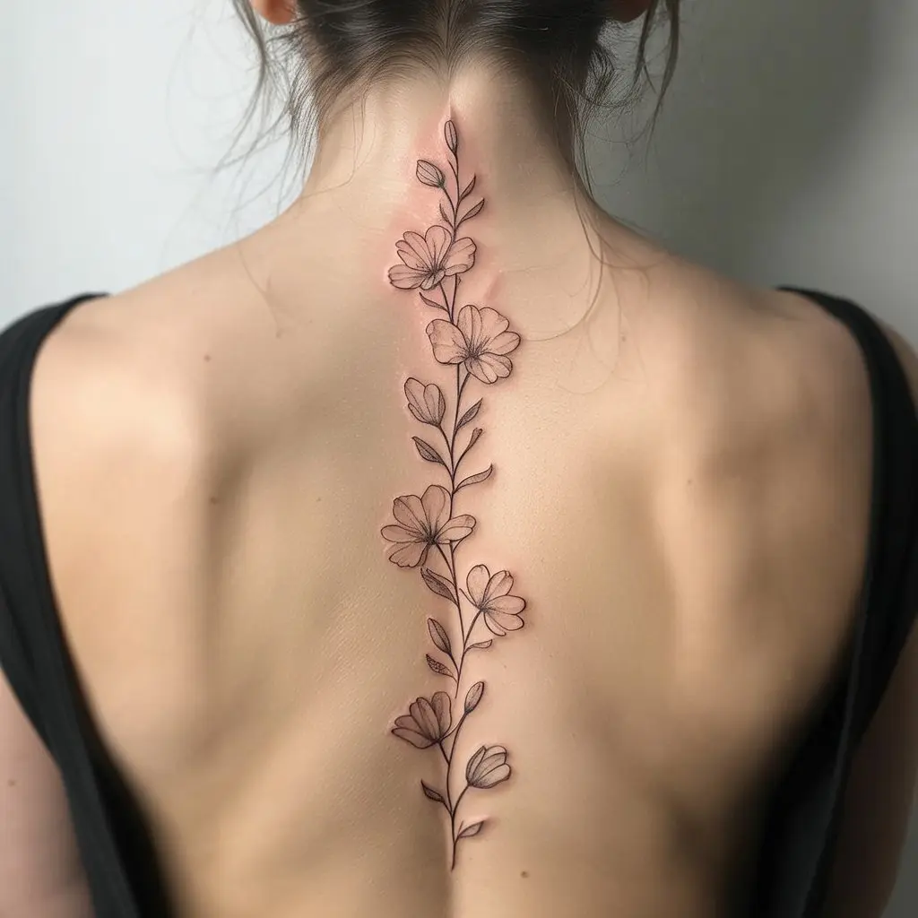 female tattoo ideas floral spine design feminine grace — Vertical floral spine tattoo on a woman’s back, pastel tones.

